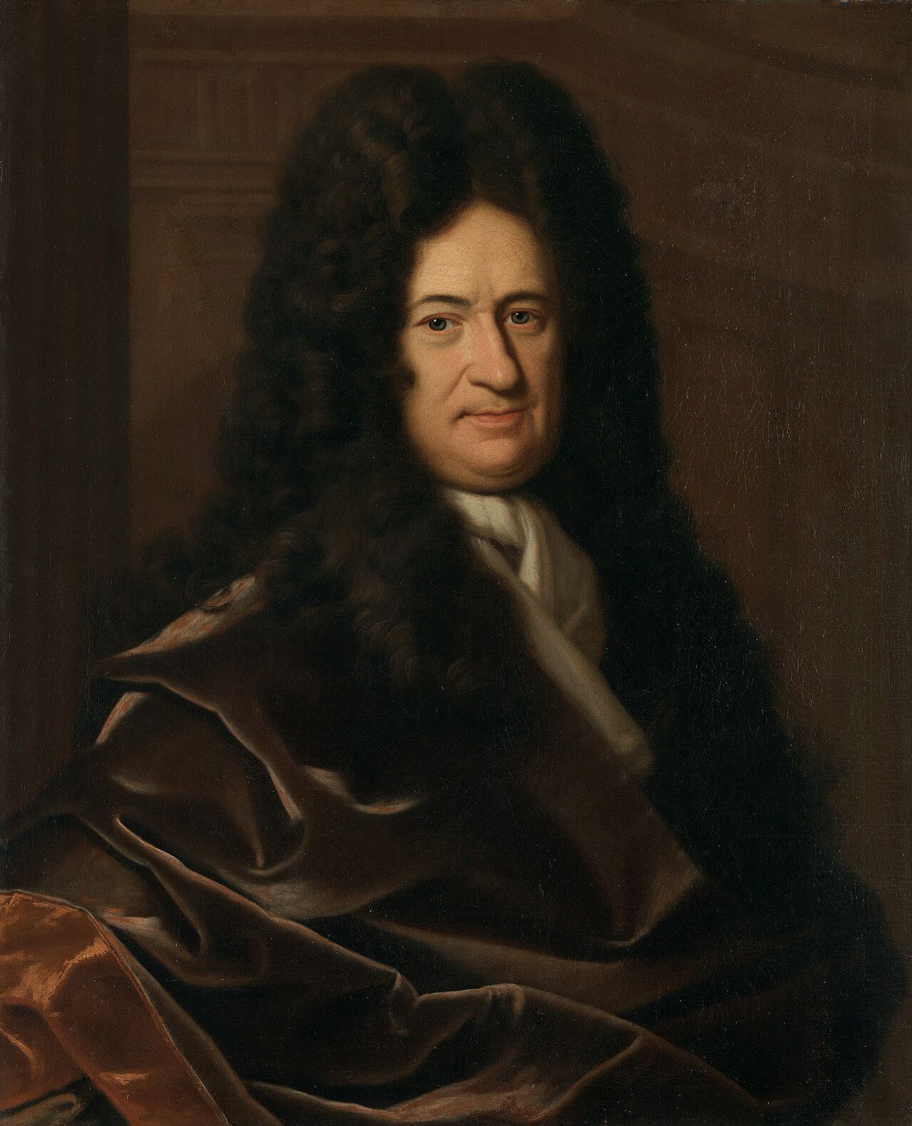 A Baroque oil portrait of Gottfried Wilhelm Leibniz in a long dark wig and brown robe, painted by Christoph Bernhard Francke around 1700.
