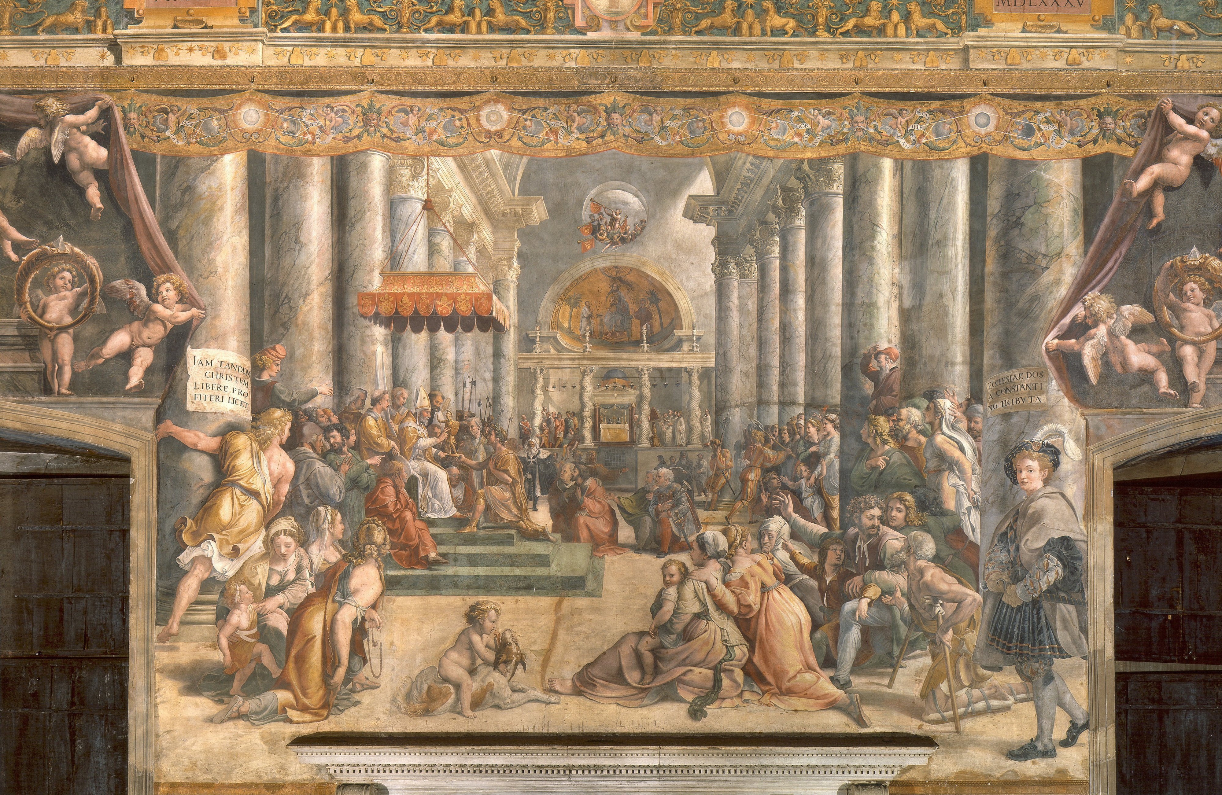 A Renaissance fresco showing Emperor Constantine kneeling to offer a small statuette to the enthroned Pope Sylvester I inside Old St Peter's Basilica, surrounded by courtiers and clergy.