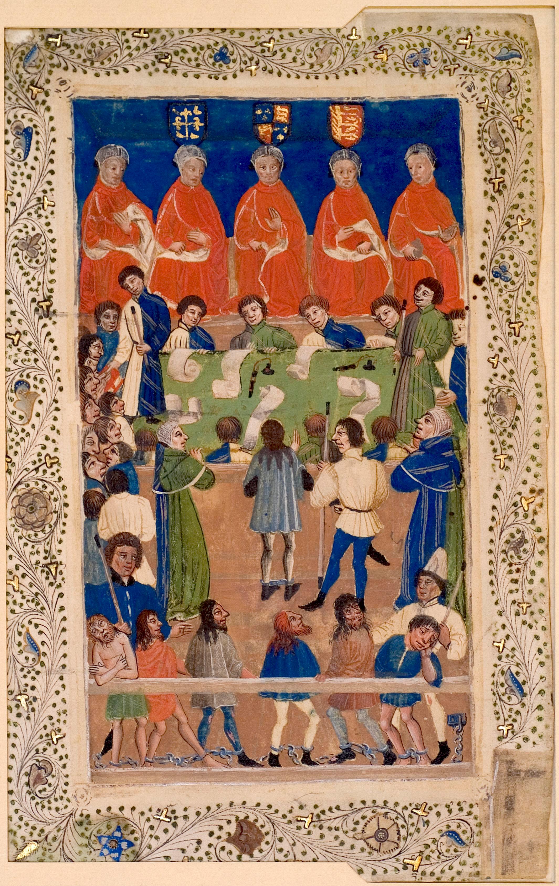 A c.1460 illuminated miniature of the English Court of King's Bench: a row of red-robed judges seated together on a high bench, with court officers below and the accused standing at the bar.
